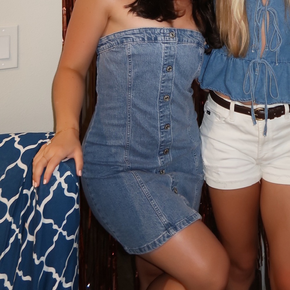 American Eagle Strapless Button-Front Denim Mini Dress